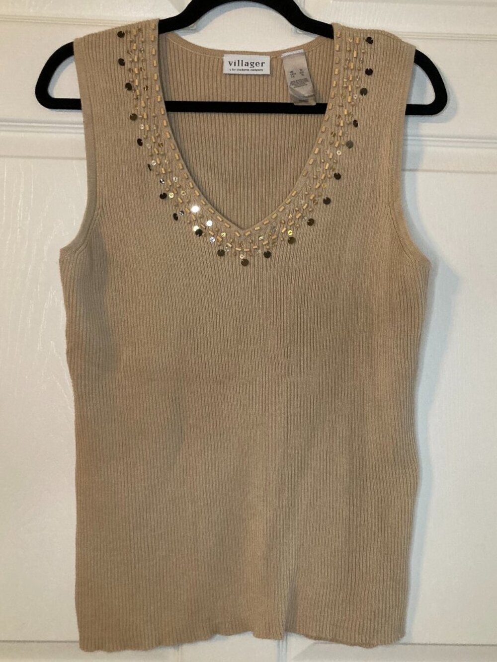 Villager Women's Beige Ribbed V-Neck Tank Top - Beaded/Sequin Neckline - Size XL